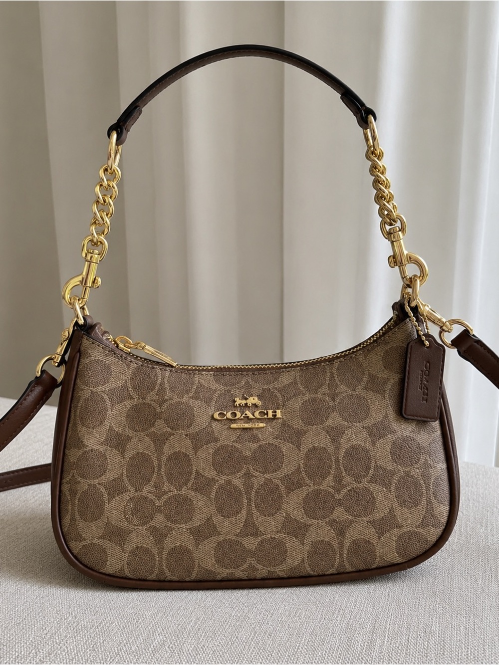 Coach Brown Signature Canvas Mini Shoulder Bag with Gold Hardware